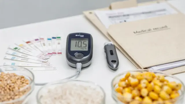 Glukosemessgerät, Aktenmappe und glutenfreie Getreide im Bild zu Zöliakie bei Typ-1-Diabetes