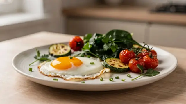 Glutenfreies Frühstück mit Ei und Gemüse auf einem Teller