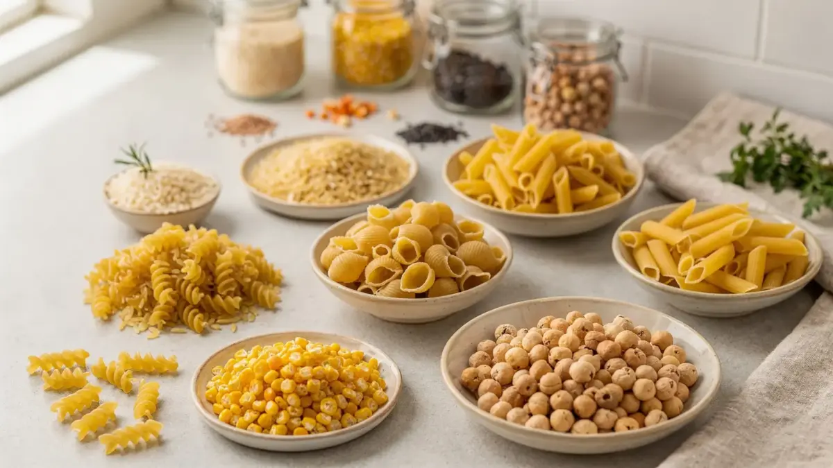 Verschiedene glutenfreie Nudelsorten auf einem Küchentisch – passend zum Thema glutenfreie Nudelsorten.