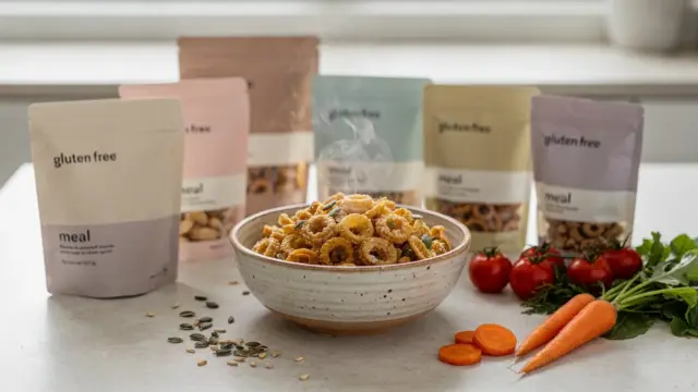 Glutenfreie Fertigprodukte auf der Küchentheke als Thema des Artikels über sättigende Varianten