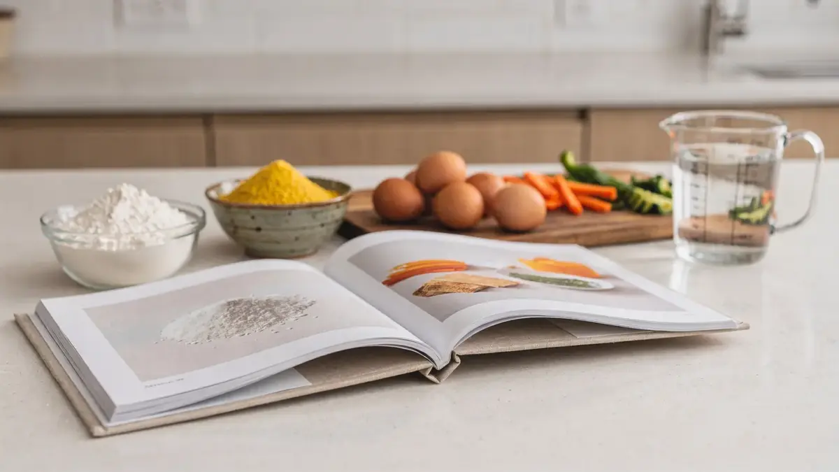 Glutenfreie Familienküche mit Kochbüchern, Zutaten und Küchenutensilien auf der Arbeitsfläche