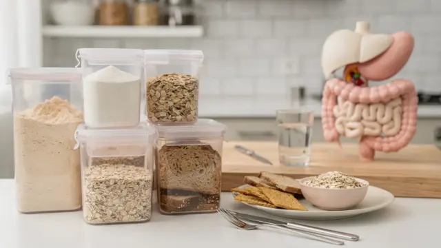 Glutenfreie Lebensmittel und ein Darmmodell zum Thema Zöliakie-Folgeschäden