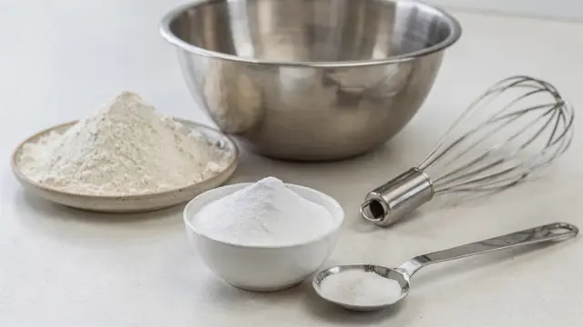 Xanthan im glutenfreien Backen: Schale mit Xanthan, Messlöffel und glutenfreiem Mehl auf der Arbeitsfläche