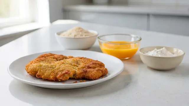 Glutenfreies Schnitzel mit knuspriger Panade auf Teller, daneben Schale mit glutenfreien Zutaten.