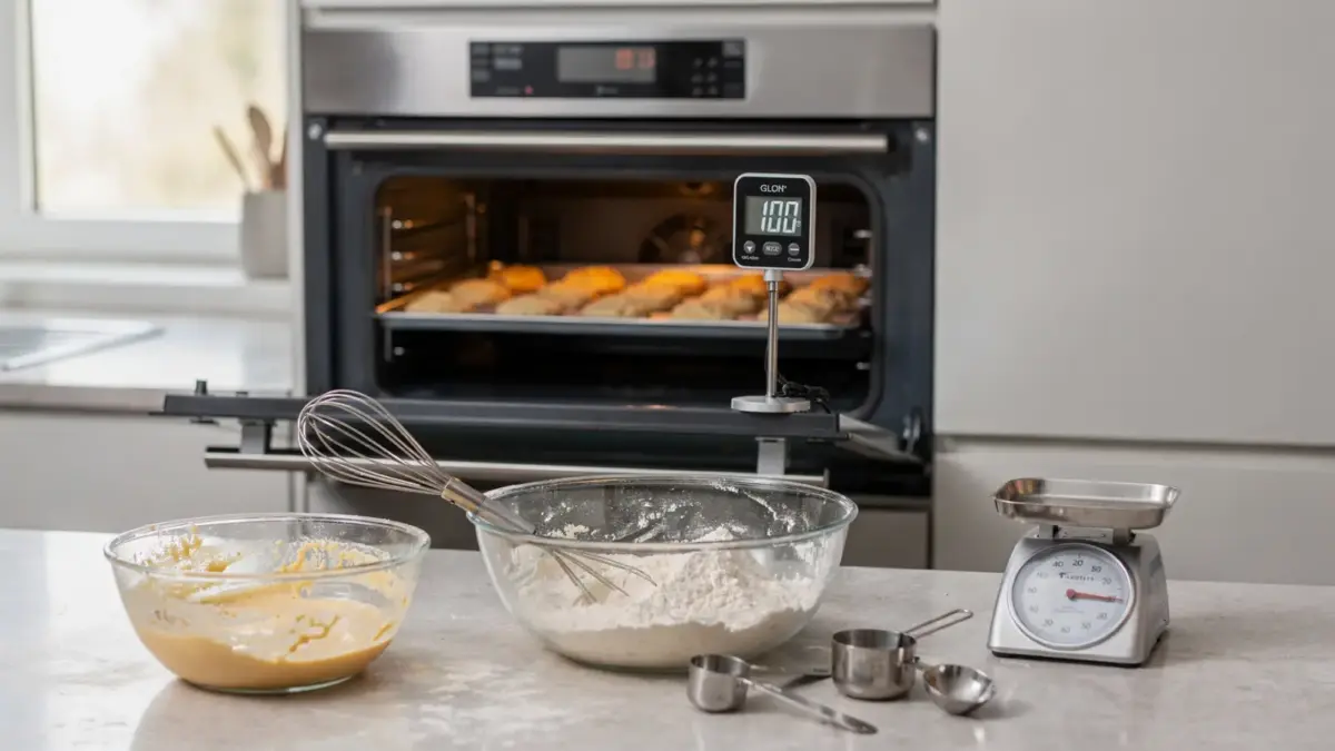Backofen und Küchenutensilien zum glutenfrei backen mit Thermometer und Teig