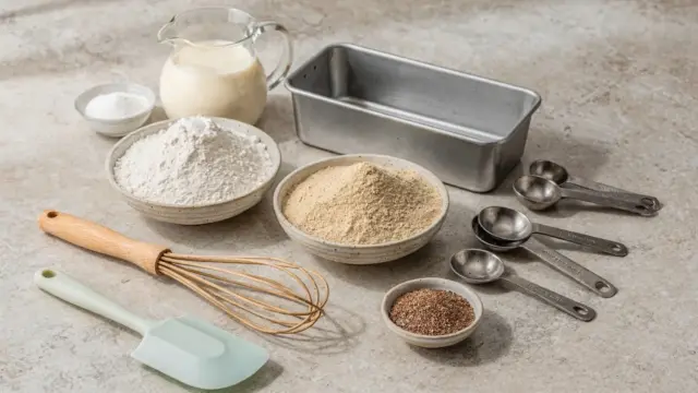 Zutaten für glutenfrei veganes Backen: Mehle, Leinsamen und Pflanzenmilch in einer hellen Küche