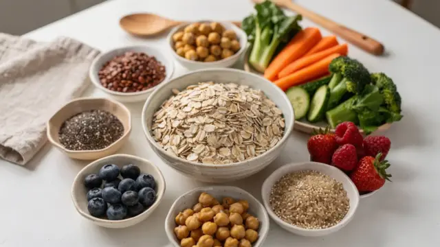 Glutenfreie ballaststoffreiche Lebensmittel wie Gemüse, Beeren, Hülsenfrüchte und glutenfreie Getreide