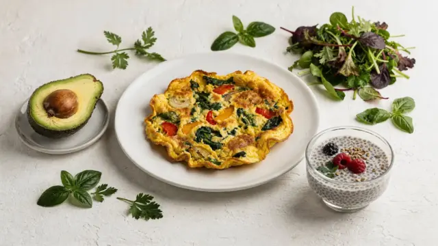 Glutenfreie Low-Carb-Rezepte auf einem gedeckten Tisch mit Omelett, Avocado, Salat und Chia-Pudding