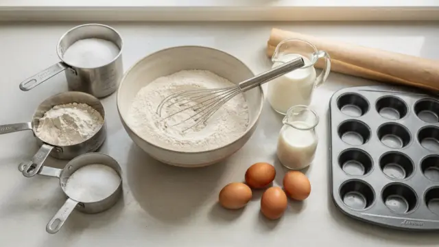 Zutaten und Backzubehör für glutenfreie Muffins auf der Küchenarbeitsfläche