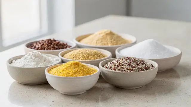 Glutenfreie Rohstoffe in Schalen: Reis, Buchweizen, Hirse, Quinoa und Stärke für sichere Auswahl.