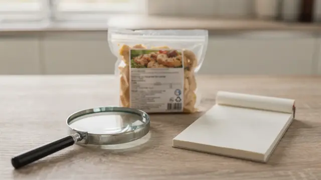 Verpacktes Lebensmittel mit Zutatenliste und Lupe zum Prüfen auf Gluten