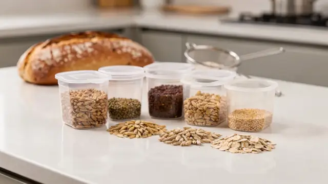 Küchenarbeitsfläche mit Lebensmitteln und Zutatenbehältern zum Hinweis „kann Spuren von Gluten enthalten“