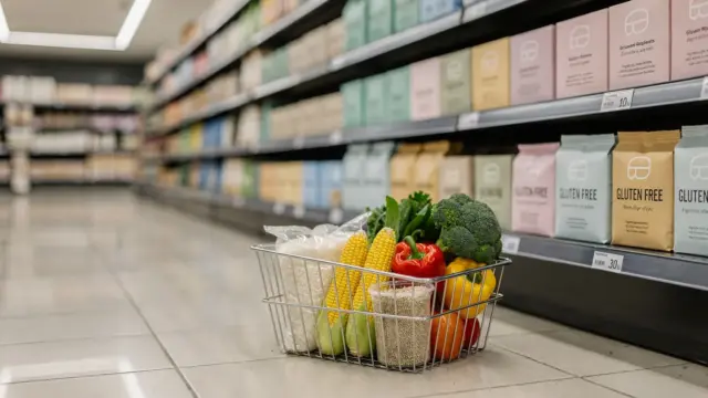 Glutenfreie Produkte im Supermarktregal beim Einkaufen von sicheren Lebensmitteln