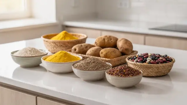 Glutenfreie Grundnahrungsmittel wie Reis, Kartoffeln, Quinoa und Hülsenfrüchte in einer hellen Küche
