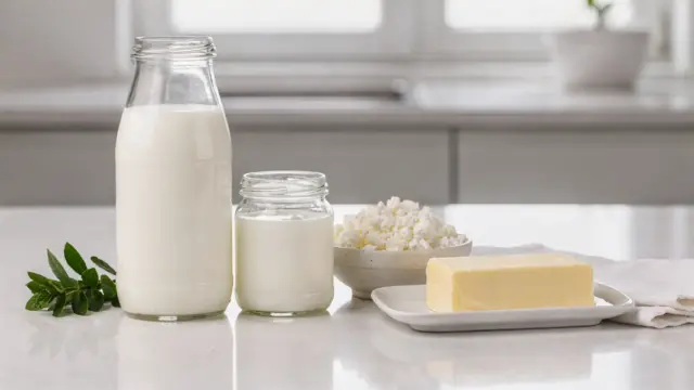 Glutenfreie Milchprodukte wie Milch, Joghurt, Quark und Butter in einer hellen Küche