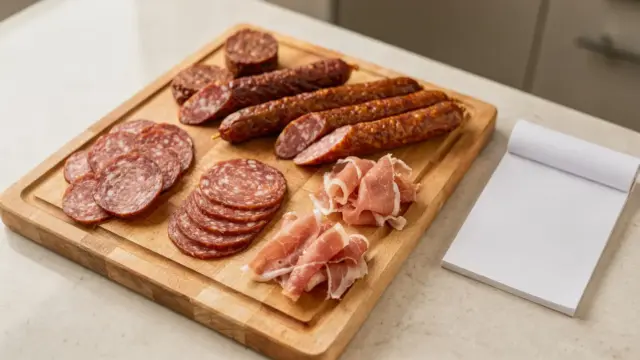 Verschiedene Wurstwaren auf einem Schneidebrett zum Thema Wurst glutenfrei
