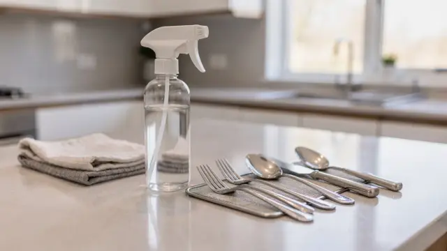 Glutenfreie Küche reinigen: saubere Arbeitsfläche mit Tuch, Sprühflasche und Geschirr