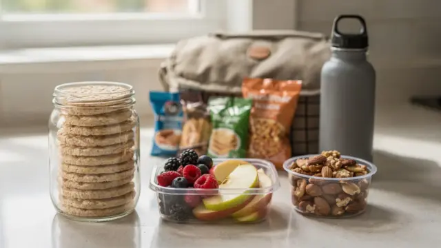 Glutenfreie Snacks für unterwegs mit Reisebehältern, Obst, Nüssen und verpackten Lebensmitteln