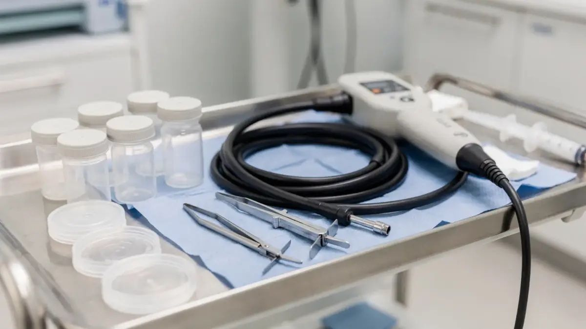Biopsieproben bei Zöliakie: Endoskopie-Set mit Probenbehältern im Klinikraum