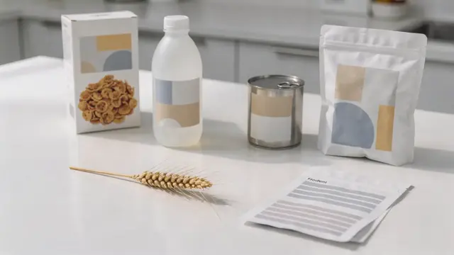 Lebensmittelverpackungen, Weizen und Zutatenlisten zum Thema E-Nummern und Gluten