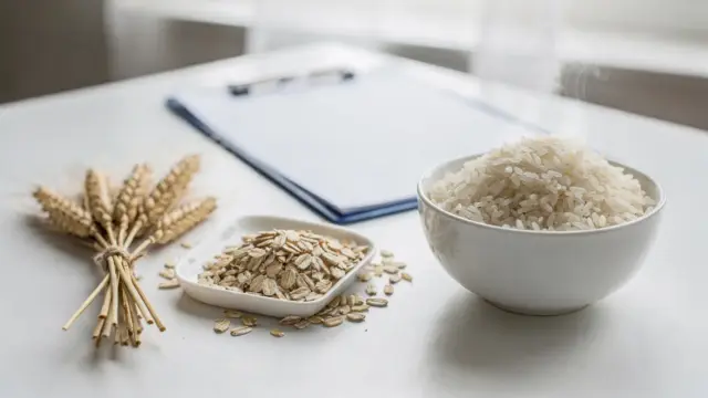 Glutenfreie Lebensmittel und Weizenähre als Symbol für Zöliakie oder Glutenunverträglichkeit