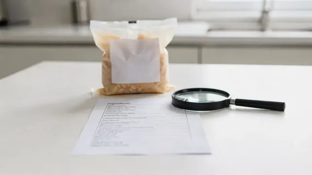 Verpacktes Lebensmittel mit Zutatenliste und Lupe zum Prüfen auf Gluten