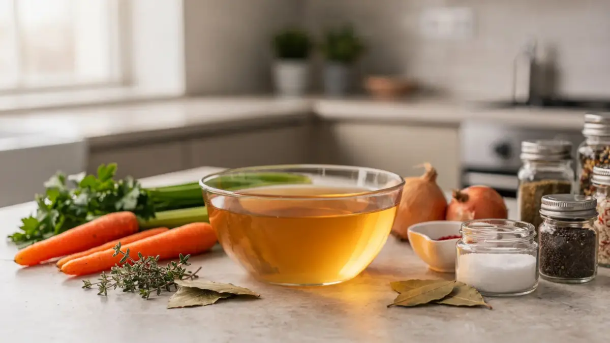 Glutenfreie Brühe in einer Küche mit frischen Zutaten und einem Glas Schale Brühe