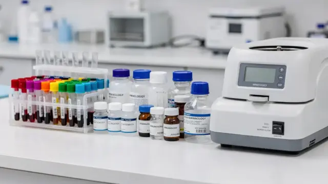 Laborumgebung mit Blutprobe und Testgeräten zum Zöliakie-Antikörpertest