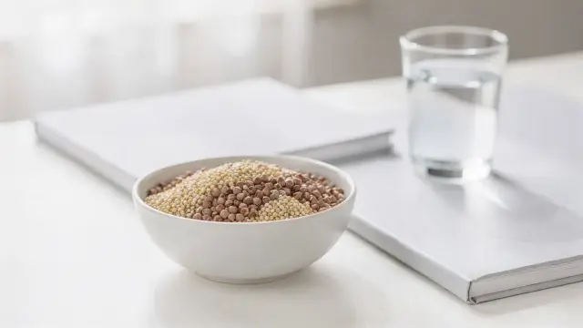 Bowl mit glutenfreien Lebensmitteln und Notizbuch zum Thema Zöliakie und Müdigkeit