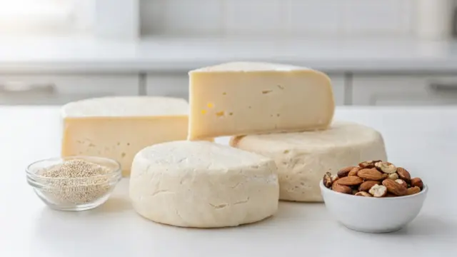Verschiedene Käsesorten neben glutenfreien Zutaten als Motiv zum Thema Käse und Zöliakie