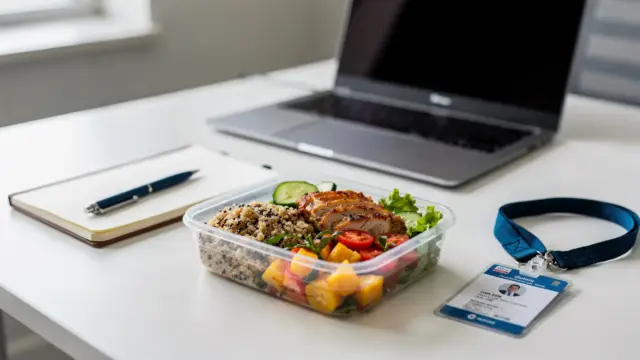 Büro-Desk mit Lunchbox und Laptop zum Thema Zöliakie und Rechte im Job