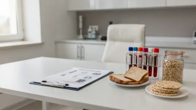 Arztpraxis mit Blutproben und glutenfreien Lebensmitteln zur Zöliakie-Abklärung