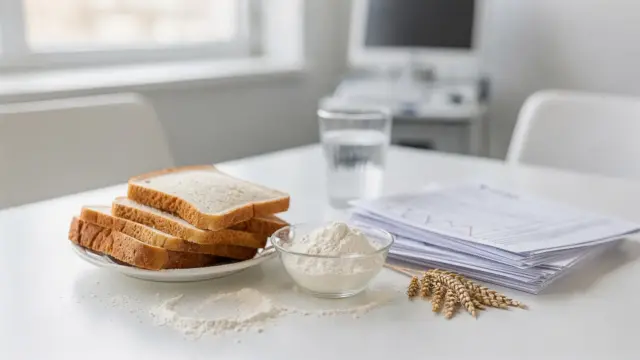 Glutenhaltige Lebensmittel und Laborunterlagen zur Zöliakie-Abklärung vor der Diagnose
