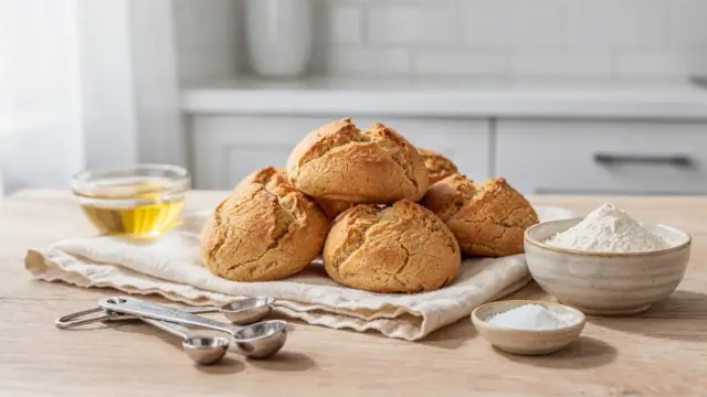 Glutenfreie Brötchen mit Mehl und Backzutaten in einer hellen Küche