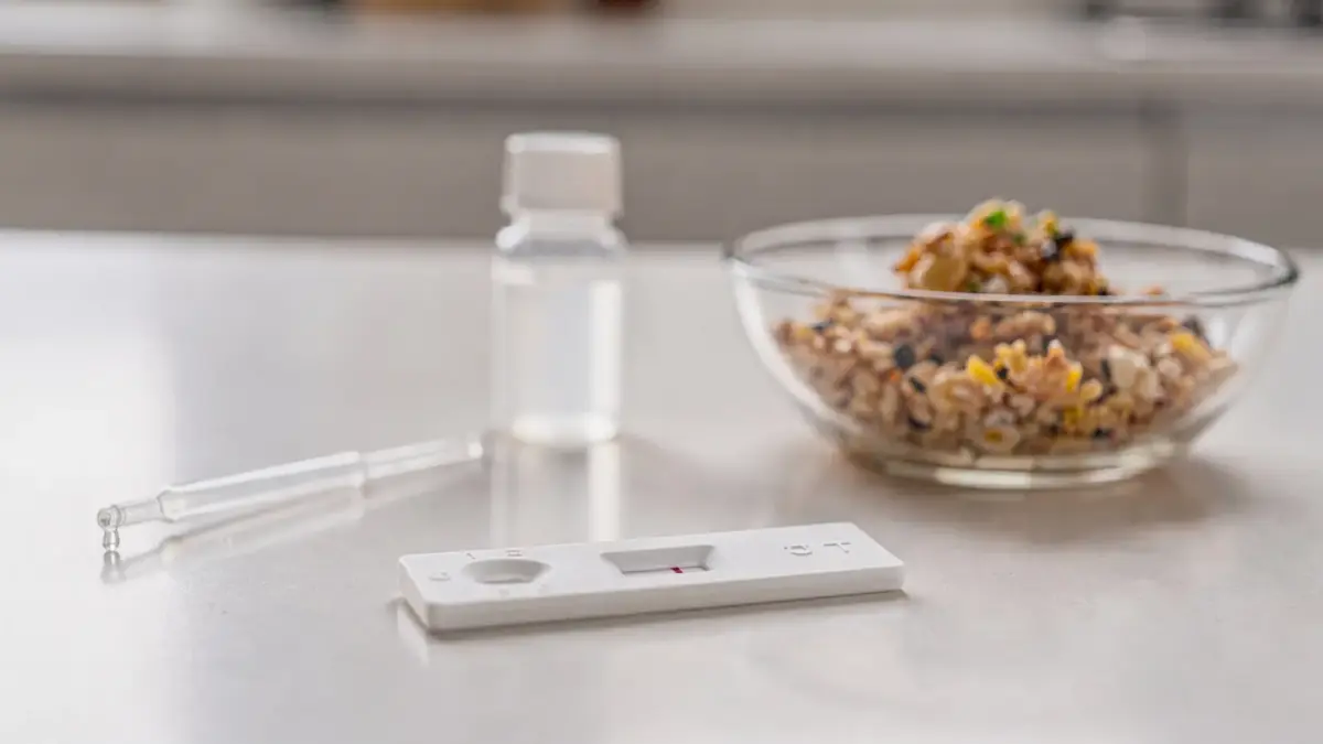 Gluten-Schnelltest auf einem Küchentisch mit Testkassette, Pipette und Probengefäß