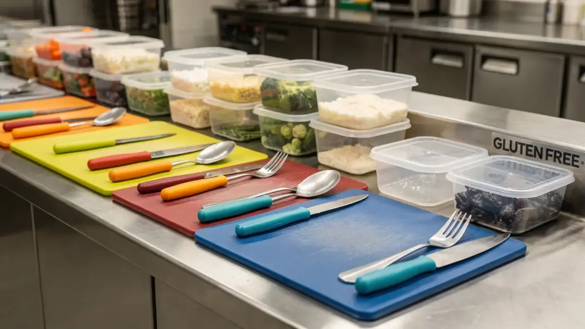 Gastronomie-Küche mit getrennten Arbeitsflächen und Utensilien zur Vermeidung von Kreuzkontamination mit Gluten