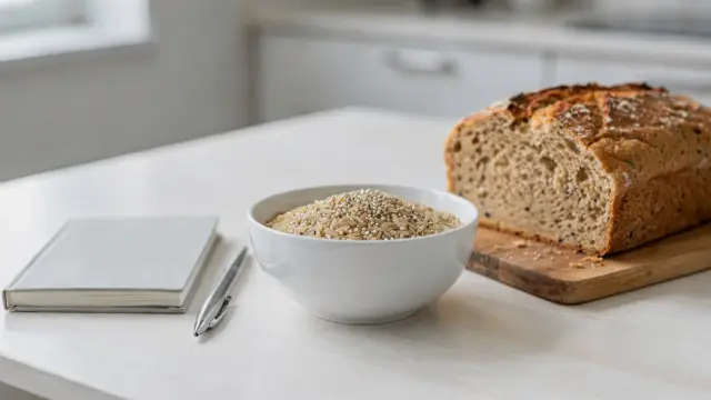 Glutenfreie Lebensmittel und Notizbuch zum Thema Zöliakie-Ursachen auf einem Küchentisch