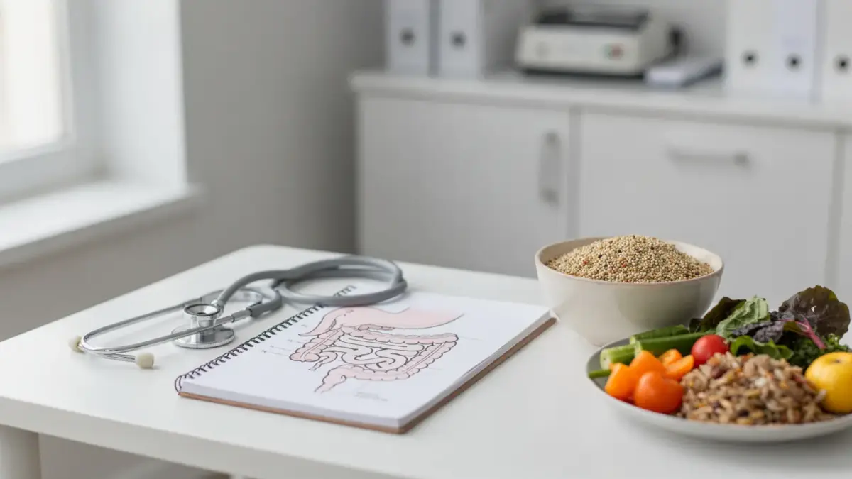 Arztpraxis mit Stethoskop, Verdauungsskizze und glutenfreier Mahlzeit zum Thema Zöliakie oder Reizdarm